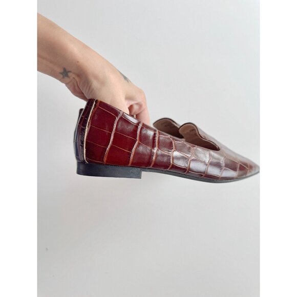 ZARA Chocolate Brown Croc Embossed Faux Leather Slipper Loafers, Size 36 - Picture 4 of 14